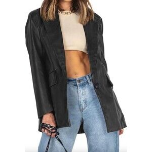 New Oversized Leather Jacket Long Sleeve Faux Leather Blazer Button Down, M